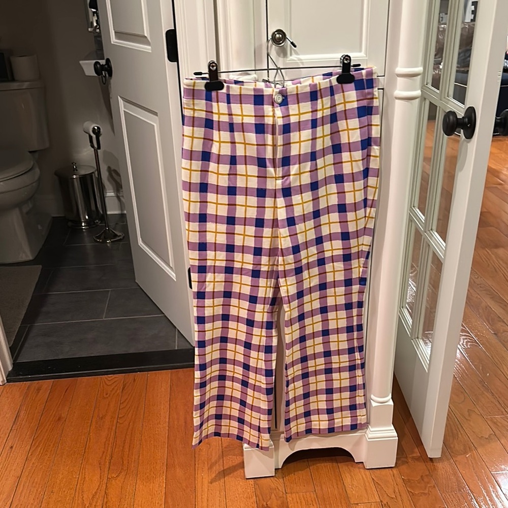 Maeve Plaid Ankle Cropped Pants in Purple, Yellow & White